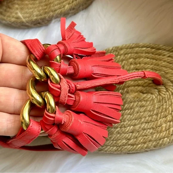 Lanvin Pink Leather Tassels Gold Chain Espadrille Sandals - Picture 4 of 10